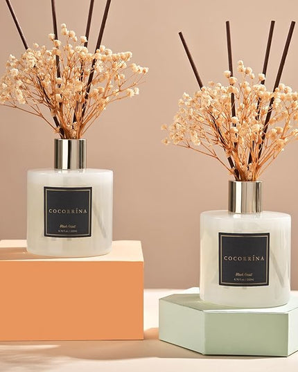Cocorrína Premium Reed Diffuser Set with Preserved Baby's Breath & Cotton Stick Black Forest 2 Packs, 6.7oz Scent Fragrance Oil Diffuser for Bedroom Bathroom Home Décor