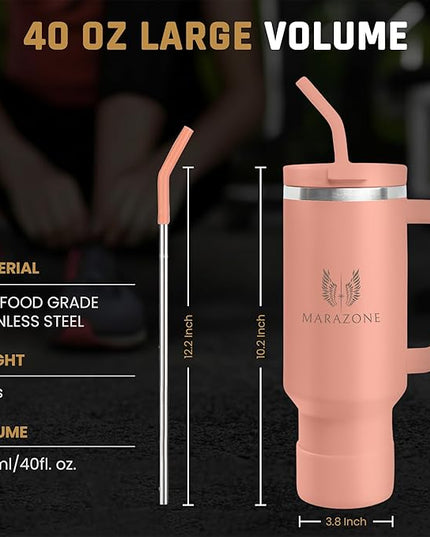 40 oz Insulated Tumbler with Handle and Straw – Double Wall Stainless Steel Vacuum Cup | Car Cup Holder Fit | Hot Cold Travel Mug | BPA Free Reusable Water Bottle Gift for Her (Sunset Pink)