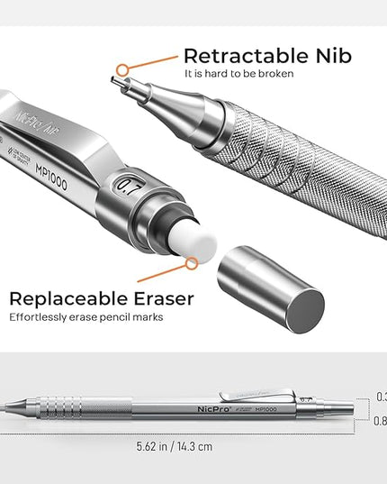 Nicpro 2 PCS Mechanical Pencil 0.5mm & 0.7 mm with Case, MP1000 Metal Artist Pencil Set with 4 Tubes HB Lead Refills, 2 Erasers, 9 Eraser Refills For Art Writing Drafting, Drawing, Sketch, Silver