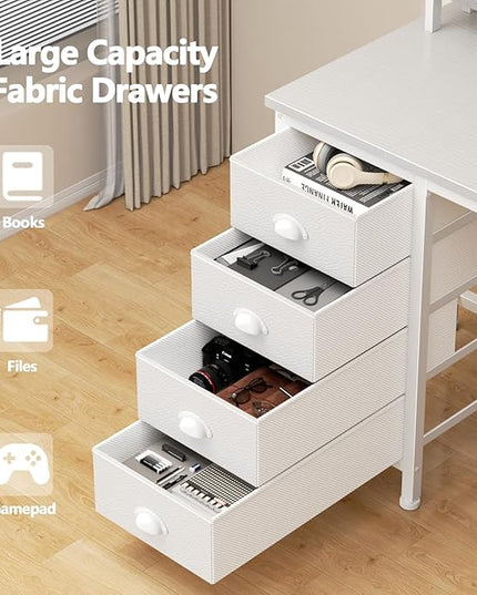 Furologee 47" White Computer Desk with 4 Fabric Drawers & Monitor Stand, Gaming Desk with Power Outlets - LED Lights, Home Office Space-Saving Study Table for Bedroom Small Spaces