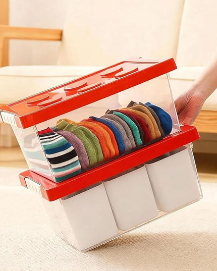 loobuu Plastic Storage Bins with Lids, Art Craft Supply Organizer Box with Brush Pot, Multipurpose Stackable Storage Containers for Organizing Tool, Craft, Crayon,Sewing (Red)