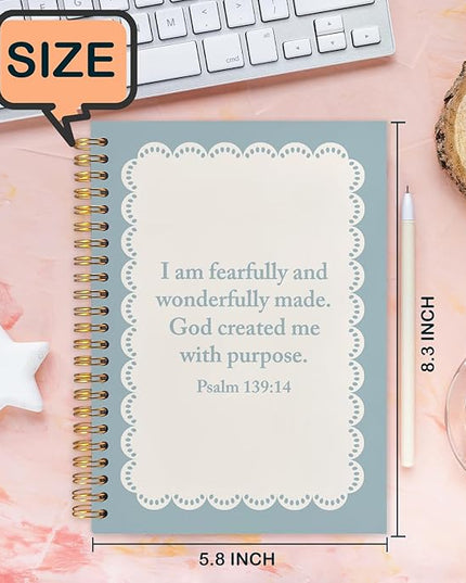Blue Christian Spiral Journal Notebook 5.5x8.3in, I Am Fearfully and Wonderfully Made Psalm 139:14 Bible Prayer Journal, Preppy Blue Bible Notebooks for Note Taking, Hardcover Notebook