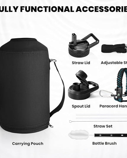 One Gallon Water Bottle Insulated, Triple Walled Vacuum Stainless Steel (Cold for 48 Hrs), Leak Proof & Non-BPA, Large Water Flask Jug with Paracord Handle & Straw Spout Lids