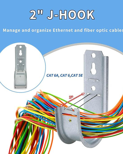 50 Pack 2-Inch Galvanized Steel Cable Support J-Hooks with Retainer Clips - Heavy Duty Wall Mount Cable Management Hooks for Structured Cabling & Organization