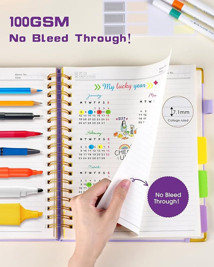 Hardcover Spiral Notebook 8.5"x11" Journal with Removable Dividers Tabs, 300 Pages Leather 5 Subject Notebook College Ruled, Large A4 Notebooks for Work School, Lined Journal for Women, A4 Purple
