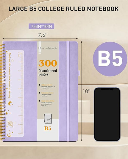 B5 Spiral Notebook Journal 7.6” x 10”, 300 Numbered Pages Hardcover Leather Journals for Women Men, Large Lined College Ruled Notebooks, 100GSM Thick Paper, Spiral Bound Journal for Work School, Purple