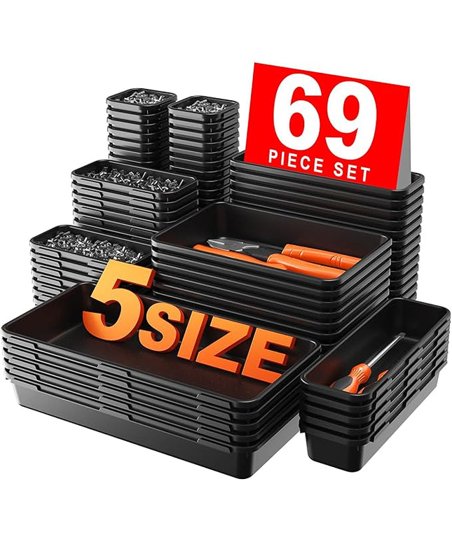 【More Larger Size】A-LUGEI【69Pcs】【5 Size】 Tool Box Organizer Tray Divider Set, 【Black】 Desk Drawer Organizer, Garage Organization and Storage Toolbox for Rolling Tool Chest Cart Cabinet WorkBench Parts