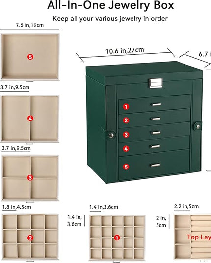 Frebeauty Large Jewelry Box,6-Tier PU Leather Jewelry Organizer,Multi-functional Storage Case with Mirror,Accessories Holder with 5 Drawers for Necklace Bracelets Watches(Blackish Green)