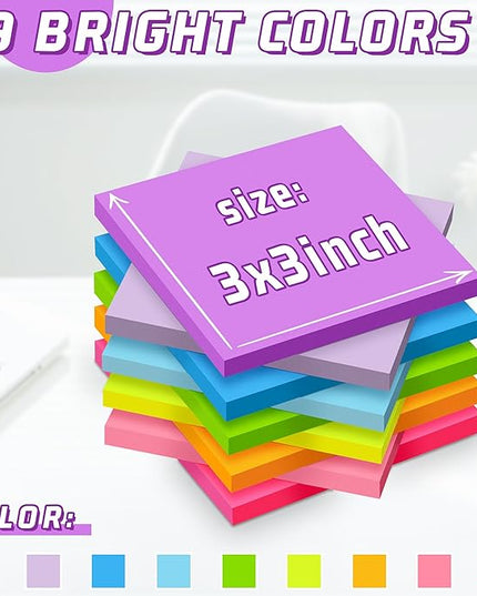 (36 Pack) Sticky Notes 3x3 in Post, 9 Bright Colors Self-Stick Note Pads it, Strong Adhesive, Easy to Post for Home, Office, Notebook