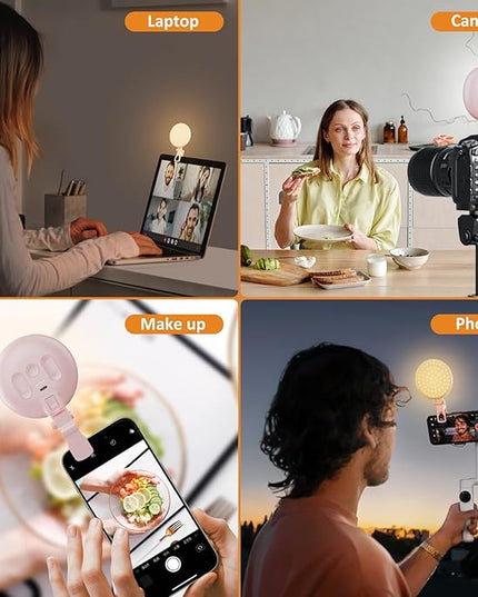 60 LED Ring Light, Rechargeable Selfie With Front & Back Clip, 2500-6500K Portable Phone, Adjustable 3 Modes for iPhone, iPad, Tablet, Laptop, CRI97+, 90 Grams (Pink)