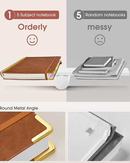 Hardcover Spiral Notebook Journal with Removable Dividers Tabs, 300 Pages Leather 5 Subject Notebook College Ruled, 8"x10" Large B5 Notebooks for Work School, Lined Journal for Men, Light Brown