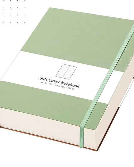 AHGXG Bullet Dotted Journal - Large A4 Notebook Dotted, 8.5''×11'', 320 Pages Dot Grid Notebook, 100gsm Thick Paper, Leather Softcover, with Journal Stencils, Inner Pocket - LightGreen