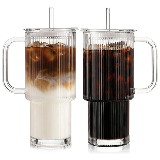 Iced Coffee Cups with Lids 2Pcs: Ribbed Glass Tumbler with Straw and Lid 24oz - Coffee Bar Accessories - Glass Cups and Tumblers with Lids and Straws - Tumbler Leak Proof - Coffee Tumbler with Handle