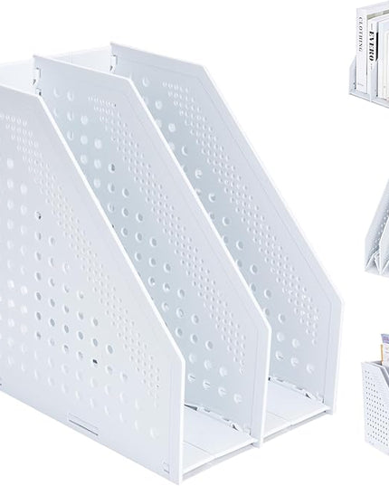 Collapsible Magazine File Holder with 2 Vertical Compartments Foldable Binder Holder for Desk Binder Storage Organizer Plastic Magazine Holders for Shelf, Light Gray