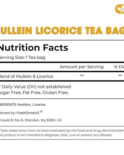 FreshDrinkUS, Premium 75 Mullein Licorice Tea Bags, 100% Natural, Blend of Mullein Leaves, and Licorice Root. Made with Natural Material Tea Bags. No Sugar, Vegan.