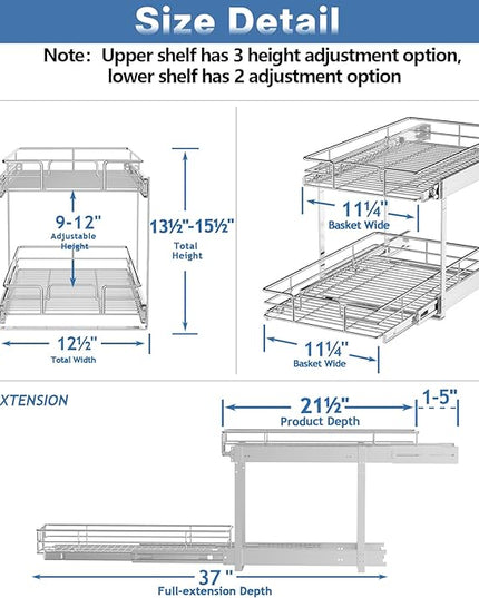 LOVMOR 2 Tier Individual Pull Out Cabinet Organizer 12½" W x 21½" D, Slide Out Kitchen Cabinet Storage Sliding Shelves
