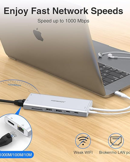 USB C Hub USB-C Docking Station Dual Monitor 14 in 1 Triple Display Multiport Adapter with 2 HDMI+DP+7 USB Type C/A Ports+Ethernet+Audio, USBC Dongle for Dell/HP/Lenovo ThinkPad/Surface(Sliver)
