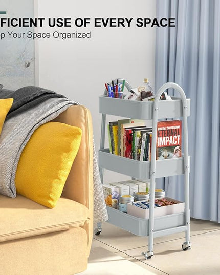EAGMAK 3 Tier Utility Rolling Cart, Metal Storage Cart with Handle and Lockable Wheels, Multifunctional Storage Organizer Trolley with Mesh Baskets for Kitchen, Living Room, Office, Garage (Grey)