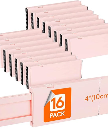 Lifewit 16 Pack Drawer Dividers 4" High, 11-17" Adjustable Drawer Organizers for Clothes, Expandable Dresser Separators in Bedroom/Bathroom/Kitchen/Fridge/Office Organization and Storage, Pink