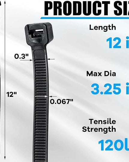 Reallnaive 500 Pcs 12 Inch Zip Ties Heavy Duty 120 Lbs Tensile Strength Black Nylon Wire Cable Ties Bulk for Indoor Outdoor