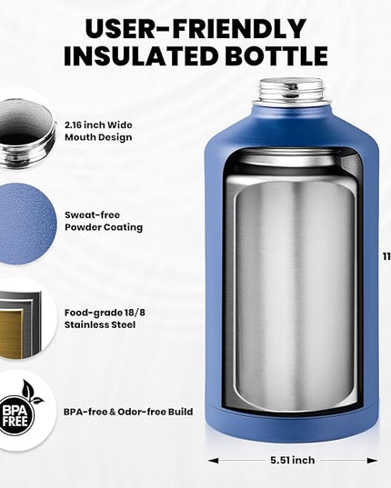 One Gallon Water Bottle Insulated, Triple Walled Vacuum Stainless Steel (Cold for 48 Hrs), Leak Proof & Non-BPA, Large Water Flask Jug with Paracord Handle & Straw Spout Lids