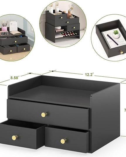 Bamboo Desk Organizer with Drawers Wooden Desktop Storage Drawers for Bills Office Supplies Kitchen Utensils Organizing Tool for Home Classroom Organization No Assembly (3 Drawers, Black)
