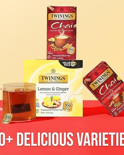 Twinings Chai Black Tea Individually Wrapped Bags, 25 Count (Pack of 6), Sweet, Savoury Spices, Caffeinated, Enjoy Hot or Iced, 150 Teabags