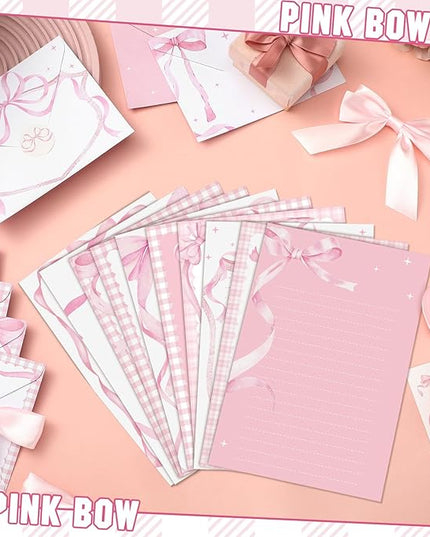 TaoBary 160 Pcs Stationery Paper Set 50 Double Sided Stationery Papers with 50 Matching Envelopes and 60 Round Dot Sticker, 10 Design(Pink Bow,5.5 x 8.25 Inch)