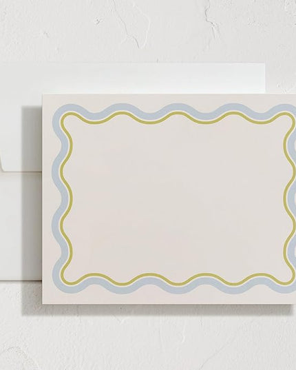 Minted Squiggled Stationery Set, Set of 10, Flat Note Cards & Envelopes for Invitiations and Handwritten Thank You Messages, Pale Blue & Chartreuse Border, Gifts for Men and Women, Luxurious Paper