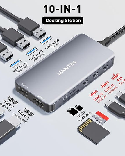 USB C Docking Station Dual Monitor, 10-in-1 USB C to Dual HDMI Adapter with 2HDMI Ports, USBC & USBA 3.0, SD/Micro SD, 100W PD, Laptop Docking Station for Dell XPS/HP/Lenovo/Mac/Surface etc