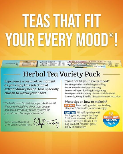 Twinings Herbal Tea Variety Pack, 20 Count (Pack of 1), Formerly Assorted Herbal, Includes 5 Flavours, Naturally Caffeine-Free, Enjoy Hot or Iced, 20 Teabags