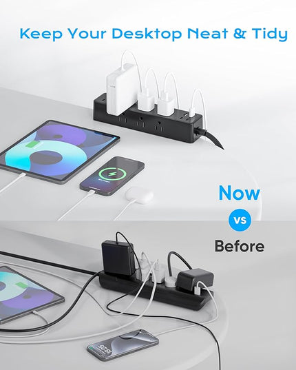 Flat Plug Desk Clamp Power Strip 10FT, 24W Total Charging Station, Desk Edge Mount Power Strip 9 AC Outlets 8 USB Ports Surge Protector, Fit 1.7" Tabletop Edge, Home Office Accessories