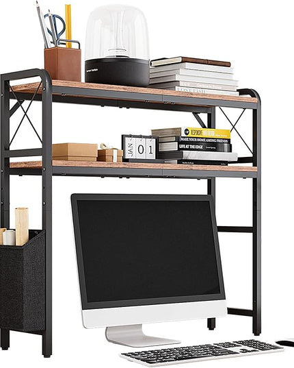 VERSASKY Desktop Shelves, Monitor Stand with Adjustable Shelves and Side Pockets, 2-Tier Desktop Bookshelf Organizer, Large Capacity Display Shelf Rack, Desk Hutch for Home Office, Rustic Brown