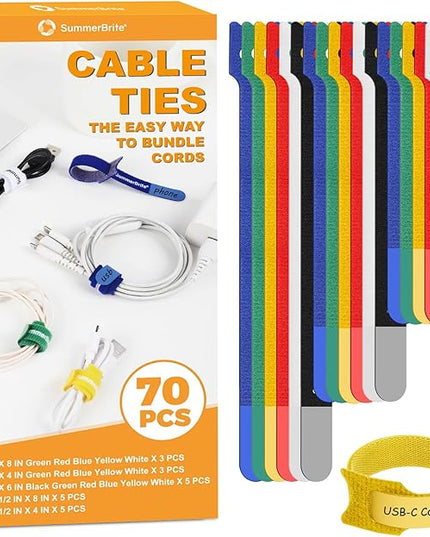 70 Pack Assorted Cable Ties (4, 6, 8 Inch) Multi-Color with Writable Labels, Reusable Cord Organizer Straps, Hook & Loop Wire Management for Electronics, Home Office, PC Desk & Travel