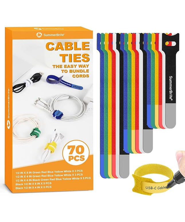 70 Pack Assorted Cable Ties (4, 6, 8 Inch) Multi-Color with Writable Labels, Reusable Cord Organizer Straps, Hook & Loop Wire Management for Electronics, Home Office, PC Desk & Travel