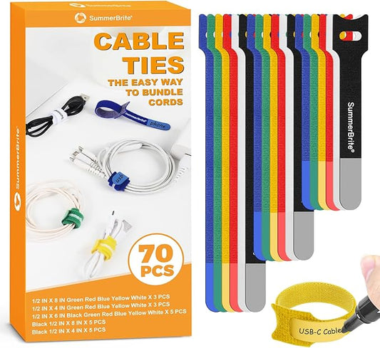 70 Pack Assorted Cable Ties (4, 6, 8 Inch) Multi-Color with Writable Labels, Reusable Cord Organizer Straps, Hook & Loop Wire Management for Electronics, Home Office, PC Desk & Travel