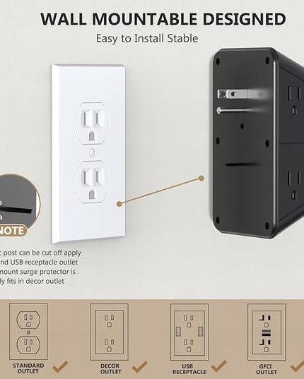 JcBlaon Outlet Extender Surge Protector - 6 Outlet Splitter with 4 USB Ports (2 USB C), Multiple Plug Expander Wall Charger, 3 Sided Multi Plug Wall Adapter Power Strip for Home Office Kitchen Travel