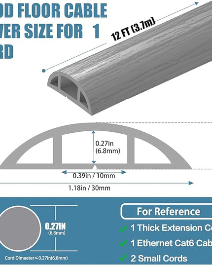 Floor Cord Covers for Wires 12FT Cable Hider Wire Cover Self Adhesive Cord Hider Floor for Offices, Homes, Workshops, Warehouses Cable Cavity 0.39" W x 0.27" H