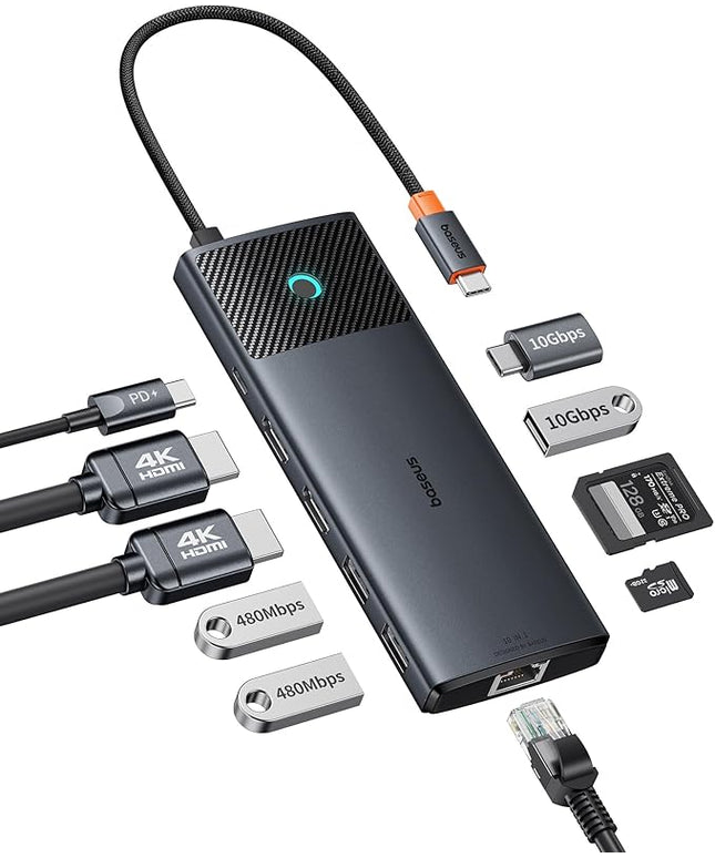 Baseus Docking Station Dual Monitor,10Gbps 10 in 1 Docking Station with 2 HDMI Single 4K@120Hz, Dual 4K@ 60Hz,10Gbps USB C and USB A, Gigabit Ethernet, PD 100W, SD/TF for iPhone 15/Mac/Dell/HP/Lenovo