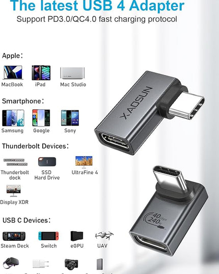 XAOSUN 90 Degree USB C to C Adapter Mixed Pack (240W 40Gbp 8K),Right Angle USB C Male to USB C Female Adapter, USB4 Type C Power Data Extender for rog Ally, steam Deck, Dock, iPhone 15 pro max Plus