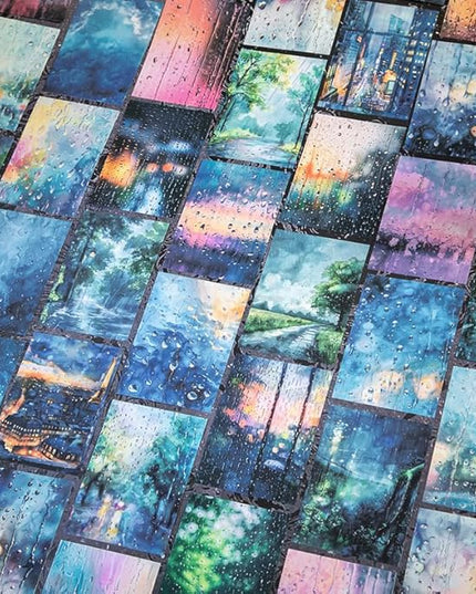 60 Sheets Large Size Rainy Day Scrapbook Stickers for Scrapbooking Supplies, 6 Assorted Rain Scenes Transparent PET Stickers for Journaling, Junk Journals, Collage, DIY Crafts Arts