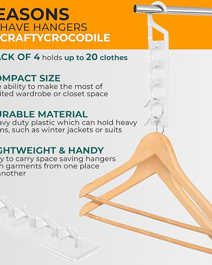 CraftyCrocodile Space Saving Hangers for Clothes - 4 in Pack, Heavy Duty Plastic, Multi Closet Space Savers for Shirts, Pants, Jeans, Sweaters - Hanger Organizer Space Saver, White