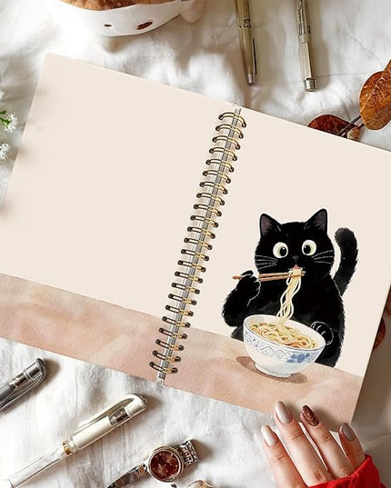 LIANHW Funny Black Cat Notebook, Cats Lover Gifts Notebooks for Note Taking, Cats Mom Lady Gifts Journal, Black Kitten Eat Noodles Journals for Writing, Cat Office Supplies, 5.5x8.3 Inch