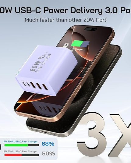 2Pack USB C Fast Charger Block, 60W 5-Port USB C Wall Charger 30W Type C Charging Block, 2USB C+3USB A PPS/PD 3.0 Multiport Charging Cube for iPhone 17 16 15 14 Pro Max,for Galaxy S25 S24 Ultra, i Pad