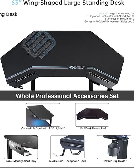 EUREKA ERGONOMIC Gaming Desk Adjustable Height Standing Desk 63" Wing Shaped Music Studio Table Workstation w Full Coverage Mousepad, 3 Stands, Dual Headphone/Cup Holder, Ipad-Slot