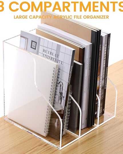 Desk File Organizer, Acrylic Magazine File Holder with 3 Vertical Compartments Rack File Sorter for Office Home Classroom Desk Organization, Clear…