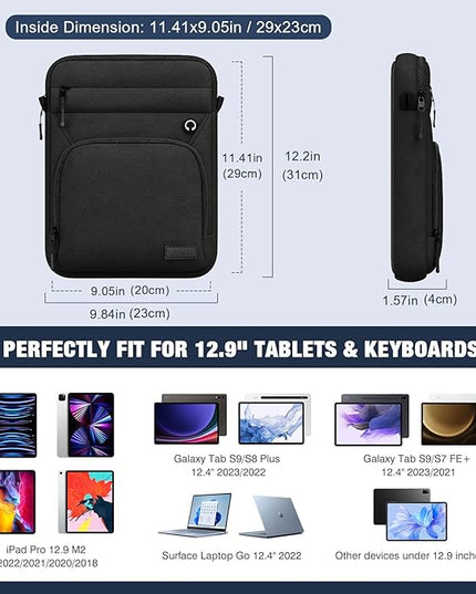MoKo 13 Inch 360° Protective Tablet Sleeve Bag, Fits 13 Inch New iPad Pro M5 & Air M3 2025, iPad Pro 12.9", Galaxy Tab S9/S8 Plus 12.4", Multifunctional Bag with Shoulder and Headphone Port, Black