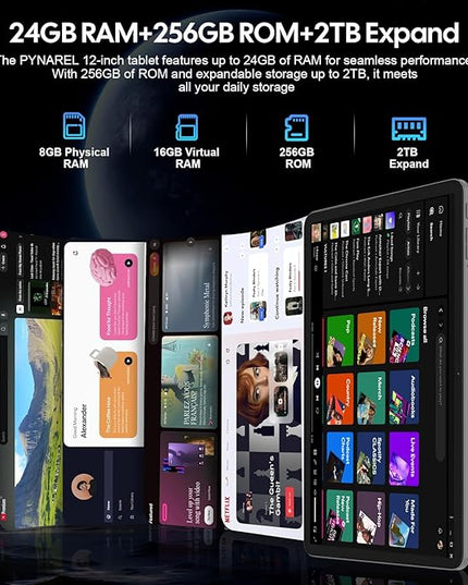 2026 12 Inch Tablet, Android 15 Tablet with Keyboard - 24GB RAM, 256GB ROM, 2TB Expand, 2000x1200 Screen, Octa-Core, 8+16MP Camera, 8000mAh, 5G Wifi, 2K Tablet with Case, Stylus, Mouse (Black Case)