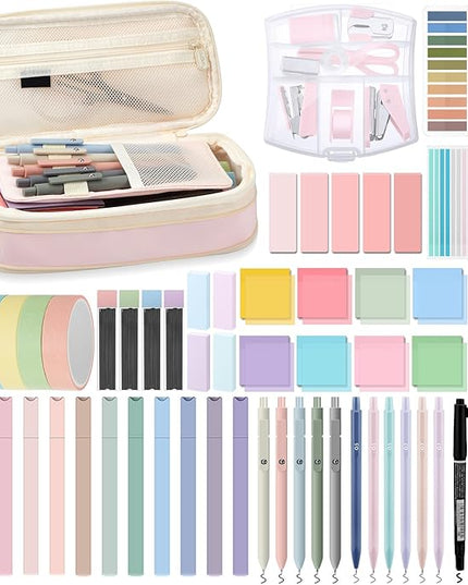 Sinload 60 Pcs Aesthetic Book Annotation Kit School Supplies Cute Pencil Case 12 Highlighter 5 Gel Pen 6 Mechanical Pencil 5 Magnetic Bookmark 1220 Pcs Sticky Note Tab Student Stationary(Pink)