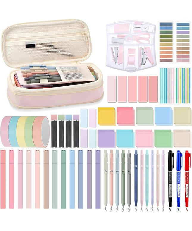 Sinload 60 Pcs Aesthetic Book Annotation Kit School Supplies Cute Pencil Case 12 Highlighter 5 Gel Pen 6 Mechanical Pencil 5 Magnetic Bookmark 1220 Pcs Sticky Note Tab Student Stationary(Pink)